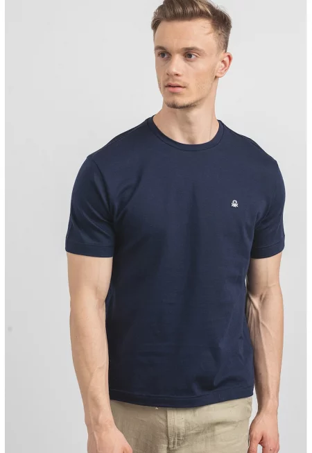 Памучна тениска с овално деколте и лого - Тъмносин