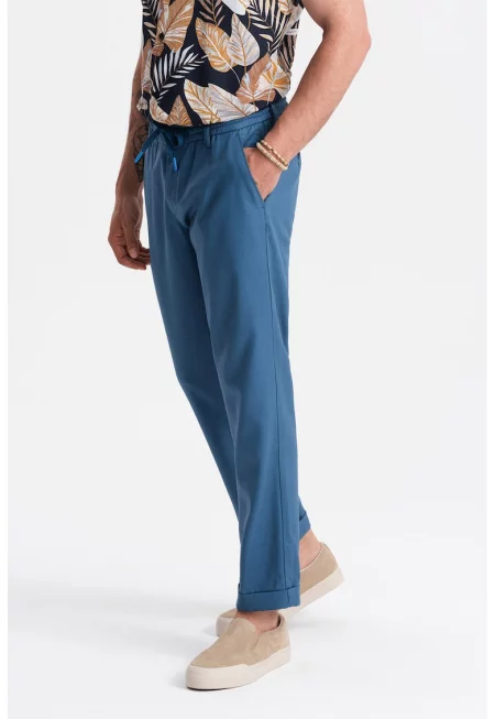 Панталон с лен и джобове встрани - Тъмносин