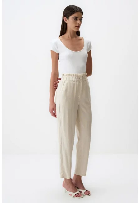 Панталон с лен с висока талия - Слонова кост