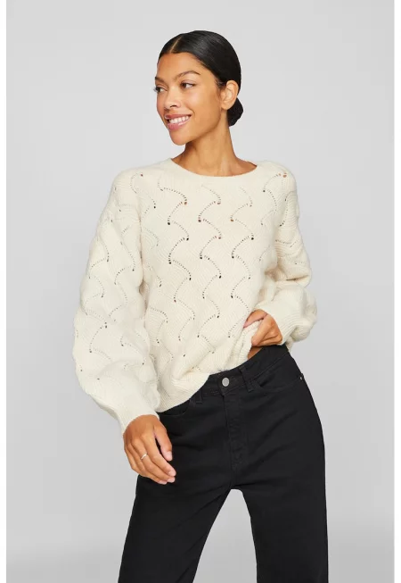 Плетен пуловер с перфорации - Слонова кост