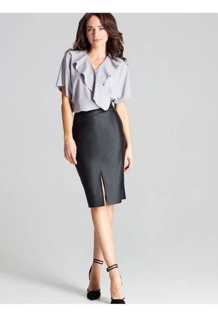 Пола тип молив -  миди - черна - екологична кожа - декоративен цип - цепка - Черен