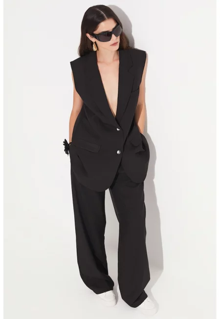 Прав панталон с висока талия и колан - Черен