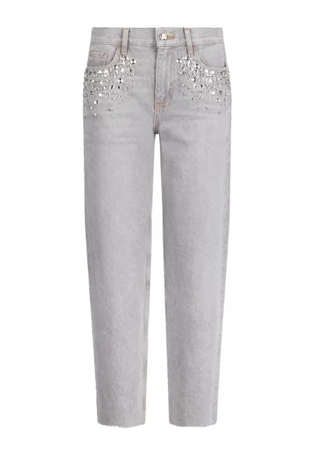 Прави дънки с декоративни камъни - Светло сив