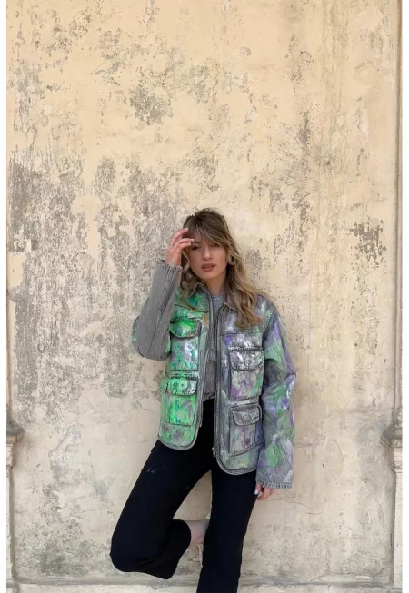 Ръчно оцветено яке с джобове с капаче - Зелен/Виолетов/Меланж тъмно сиво