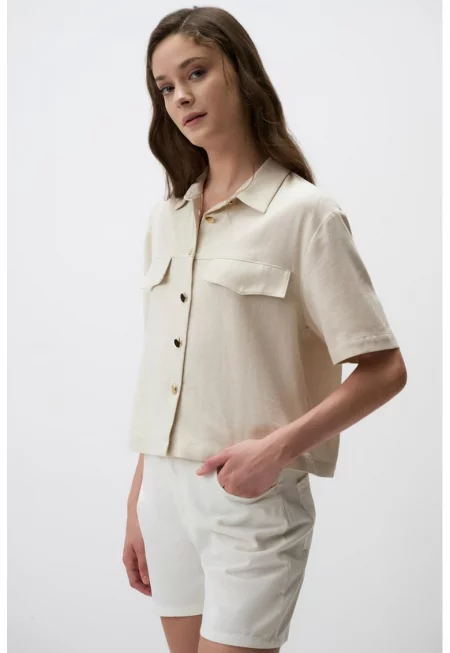 Риза с лен с джобове с капаче - Слонова кост