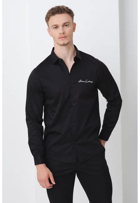Риза със стандартна кройка и бродирано лого - Черен
