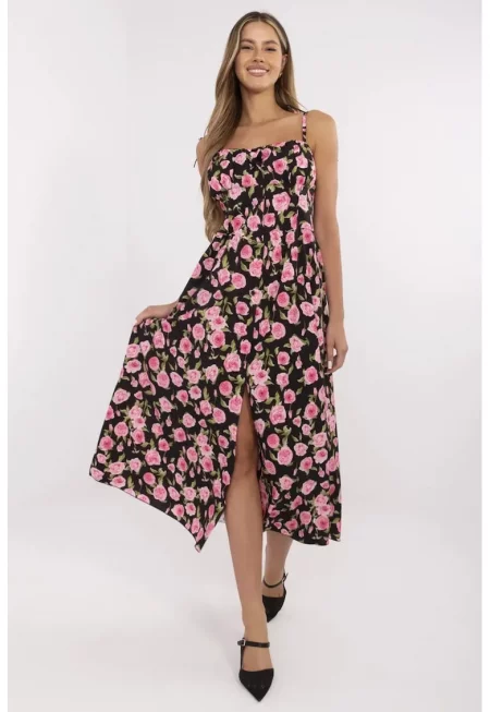 Рокля  полиестер - черна/розова - един размер