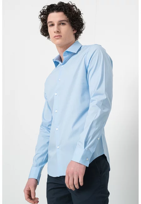 Слим риза с памук - Светлосин