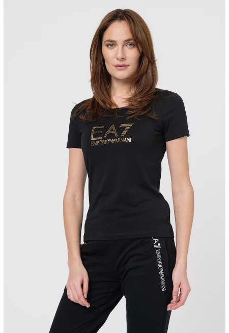 Слим тениска с модал и лого - Златист/Черен