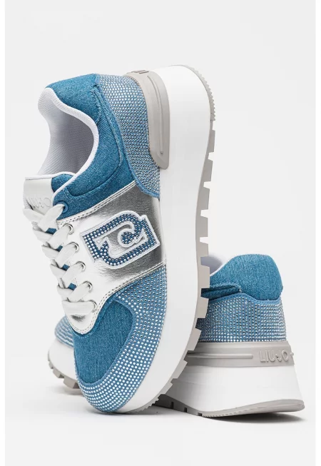 Спортни обувки от деним с декоративни камъни - Светлосин/Сребрист