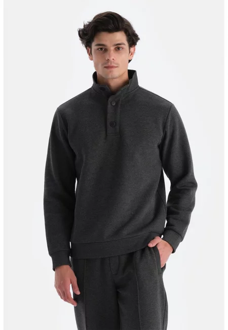 Суитшърт с цепка с копчета - Черен меланж -