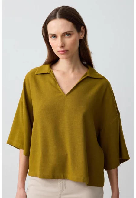 Свободна блуза със среднодълги ръкави - Маслинено зелено