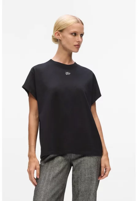 Тениска от органичен памук с овално деколте - Черен