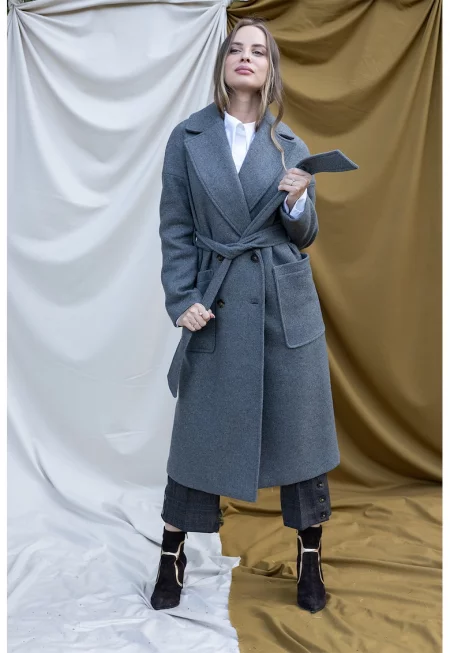 Вълнено палто с копчета - Прашно синьо