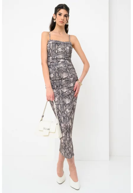 Вталена рокля Noffiano с квадратно деколте - Сив/Сиво-кафяв