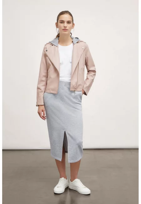 Яке от еко кожа с качулка - Бледо розово