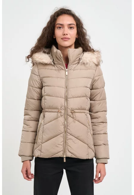 Зимно яке с качулка и връзки - Бежов