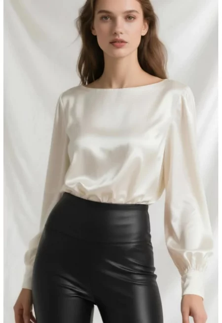 Bluza din amestec de matase cu decolteu barcuta Luna - Бял