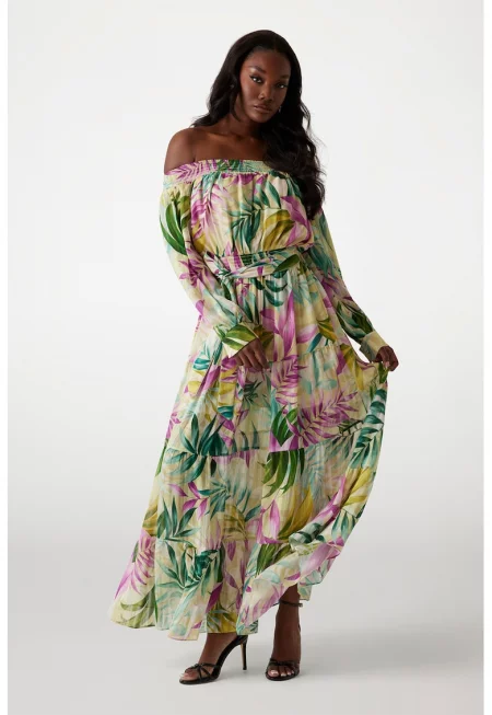 Дълга флорална рокля - Зелен/Фуксия/Бледожълт