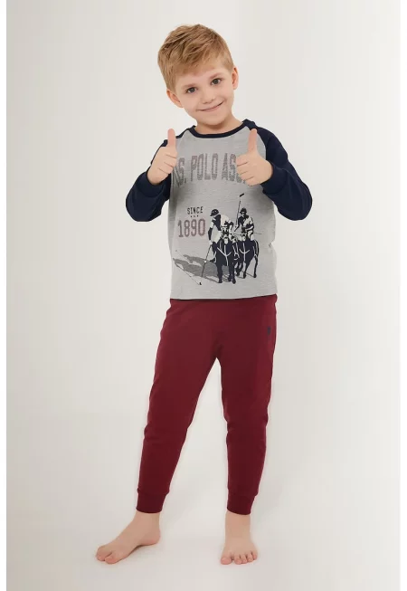 Дълга пижама с вцетен блок - Бордо/Ултрамарин синьо/Сив меланж