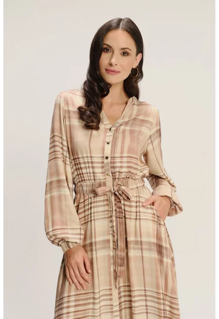 Дълга шпиц рокля на каре - Бежов/Прашно розово