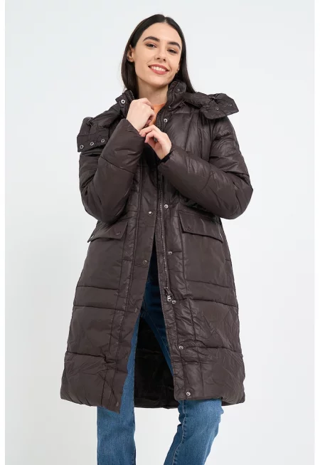Дълго зимно яке с качулка - Тъмнокафяв
