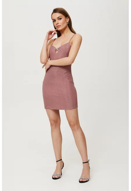 Дамска рокля - металик мини с декоративни апликации - Полиестер - Червена - Син