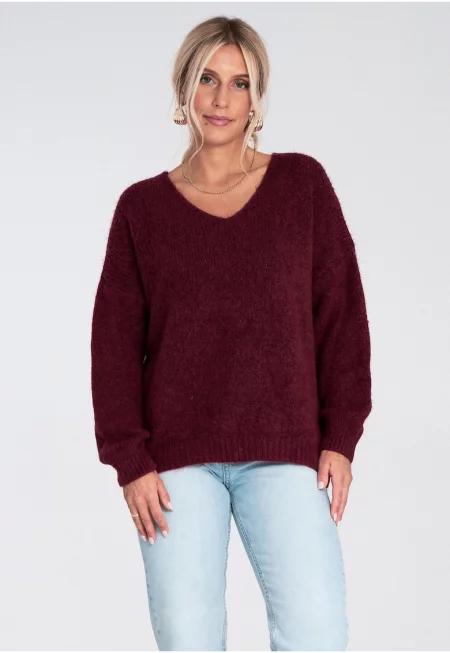 Дамски пуловер  овърсайз - V-образно деколте - бордо - лека материя - акрил