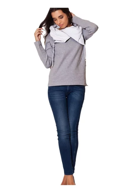 Дамски суичър  дълъг ръкав - с качулка - памук/еластан - сив -