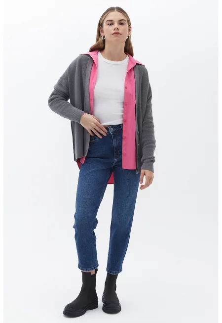 Дънки над глезена с висока талия - Тъмносин