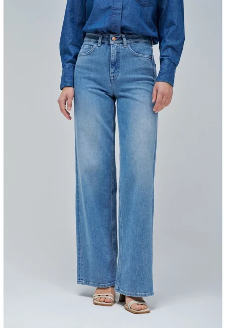 Дънки с широк крачол и висока талия - Пастелносин