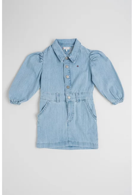 Дънкова къса рокля с бухнали ръкави - Прашно синьо