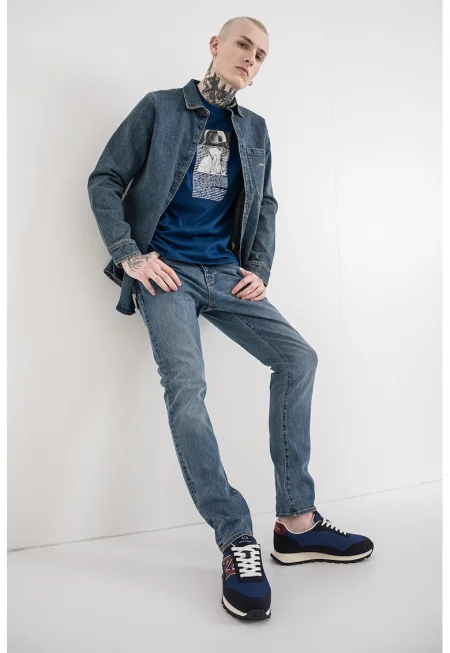 Дънкова риза с джоб - Син меланж