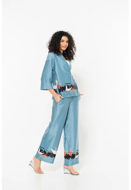 Десенирана риза Brigita с паднали ръкави - Прашно синьо