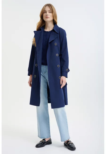 Двуреден тренч с колан - Петролно синьо
