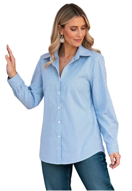 Елегантна риза  сини райета - удобна - полиестер/еластан - размер SM
