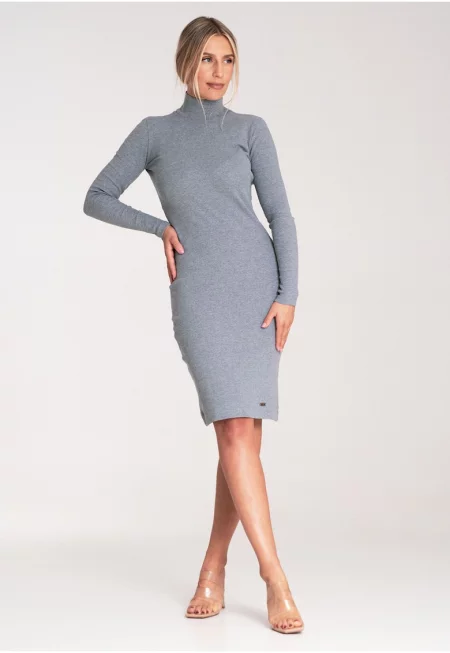 Елегантна рокля  M1042 - сива - трикотажна - с яка - от памук и еластан