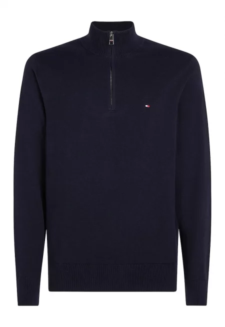 Фино плетен пуловер с къс цип - Ултрамарин синьо