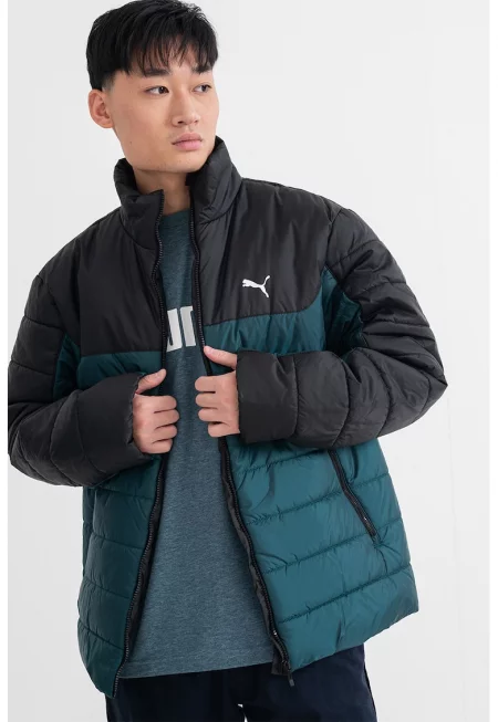 Капитонирано зимно яке с лого - Черен/Тъмнозелен