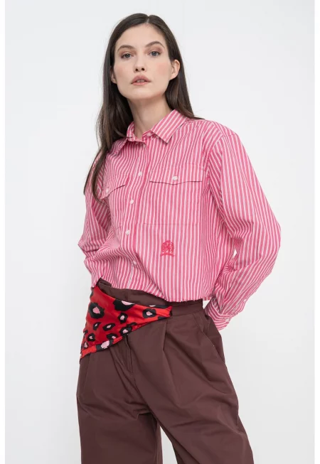 Къса риза със свободна кройка - Бял/Тъмнорозов