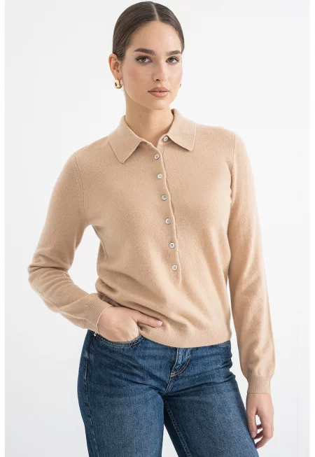 Кашмирен пуловер с яка - Светлокафяв