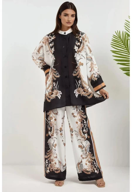 Комплект от две части -  флорална яка - висока талия - черен - текстил