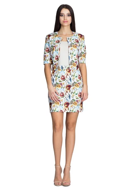 Комплект яке и пола  мини пола - късо яке - бяло с цветя -