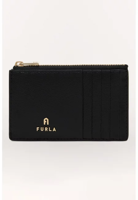 Кожен калъф за карти Camelia с цип - Черен