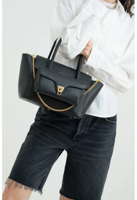 Кожена чанта Double Beat с отделящ се несесер - Черен