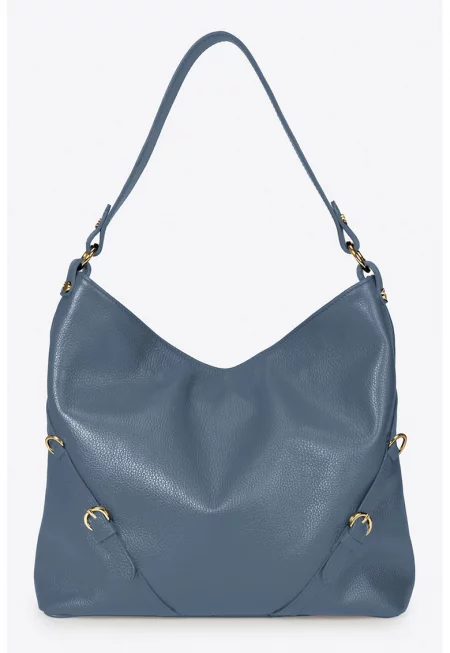 Кожена чанта с цип - Прашно синьо