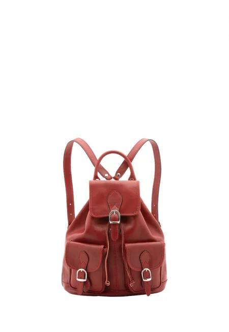 Кожена раница с джобове с капаче - Червен