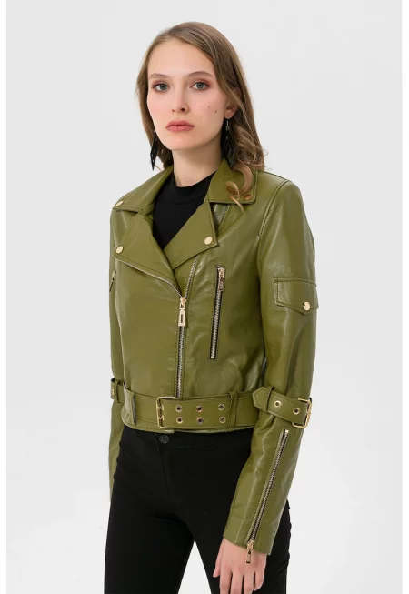 Кожено яке с раздвоен ревер и маншети с цип