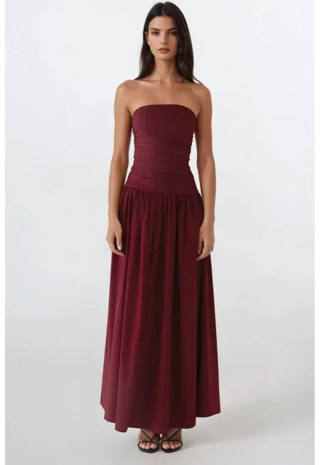 Макси рокля  без презрамки - с волан - червена - текстил
