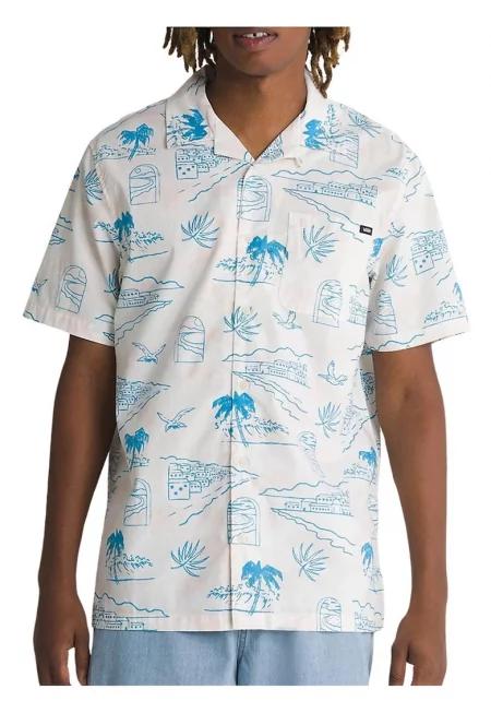 Мъжка риза с къс ръкав -  Памук - Бял/Син